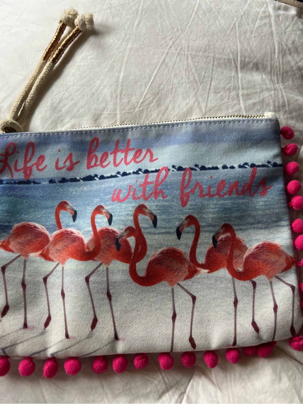 Flamingo Pom-Pom Zip Pouch - Pink & Blue